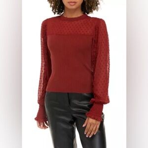 Sam Edelman Burgundy Sheer Dot Puff-Sleeve Knit Blouse